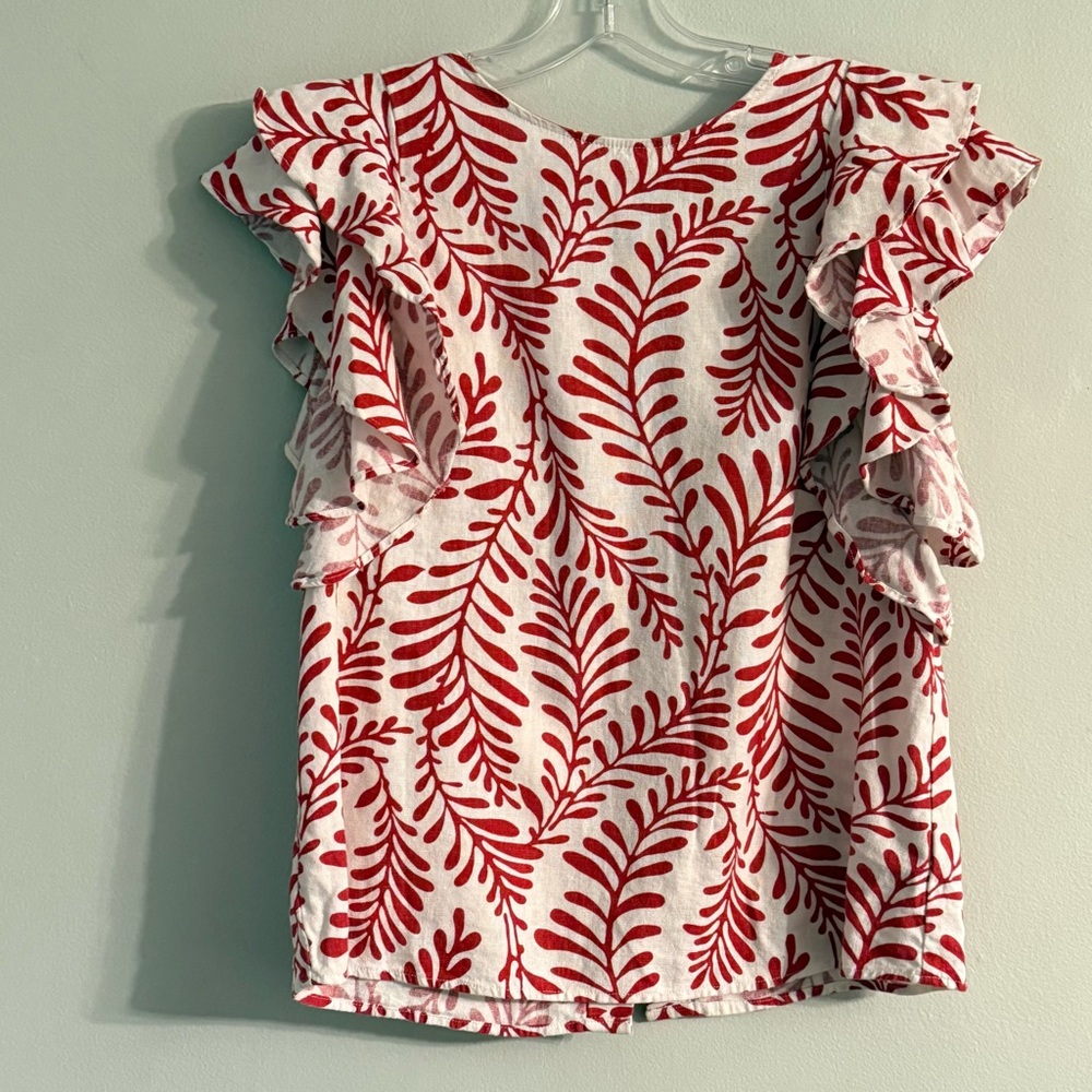 Red and White Ruffle Sleeve Top Womens Size M Linen & Rayon